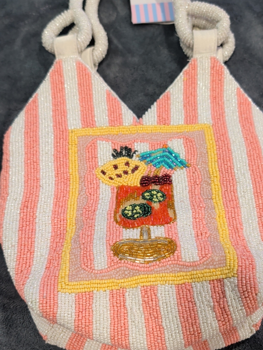 Beaded Pink and White Striped Tote with Tropical Drink Motif